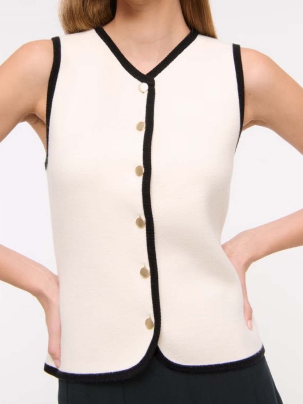 Sleeveless Ivory Knit Vest with Black Trim and Gold Buttons M